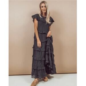 &Merci Black Tiered Ruffle Boho Maxi Dress Flutter Sleeve Cottagecore NWT S